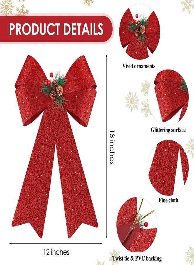 MCEAST 2 Pack Red Christmas Bows 12 x 18 Inches Xmas Wreaths Garland Bows with Pinecones for Christmas Tree Ornaments Sets Indoor Outdor Decoration - Image 2